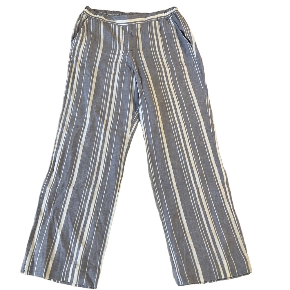 Ellen Tracy Blue White 100% Linen Elastic Waist Side Pockets Wide Leg Pants 8